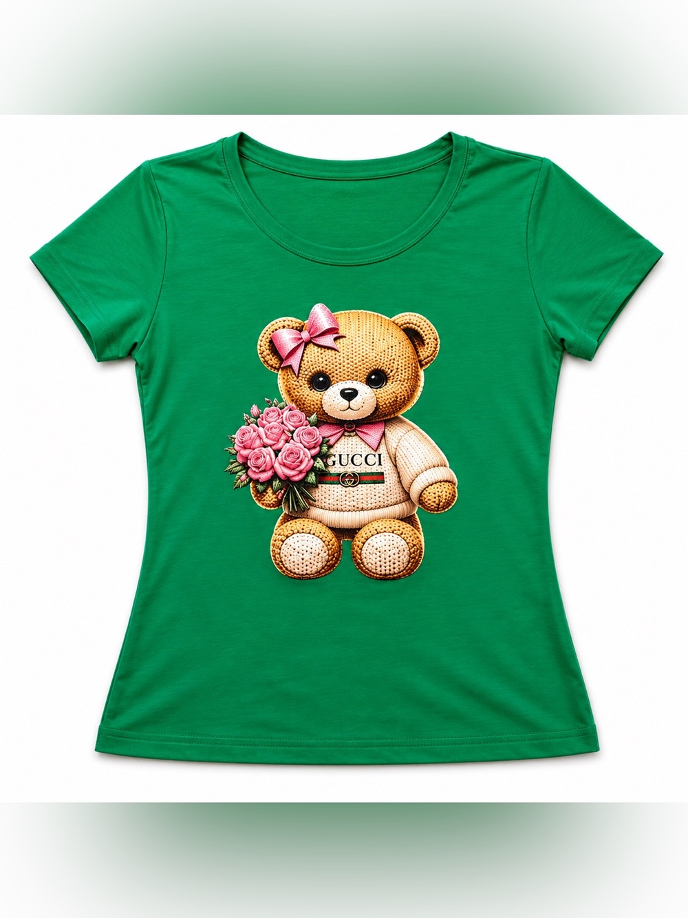 Green Fitted Tee with Teddy and Pink Rose Graphic